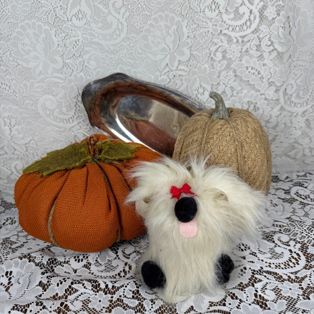 Fairpoint Silver Bread Plate Pair of Fabric Pumpkins and Faux Fur Dog Decor Set